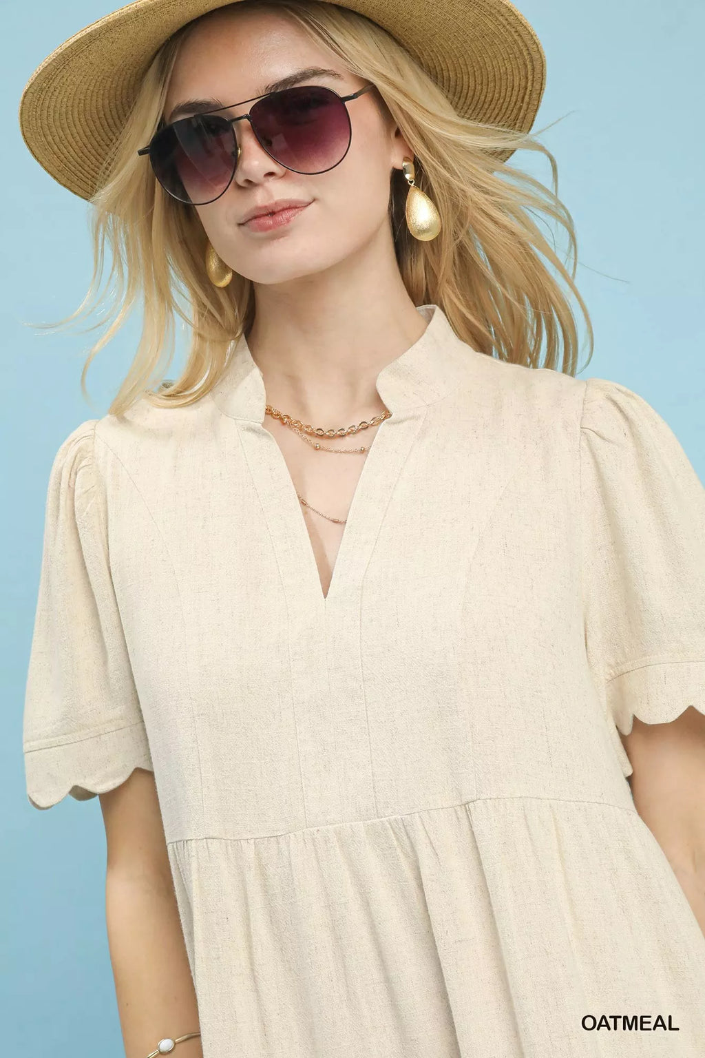 Linen Tiered Babydoll Dress with Scalloped Sleeves