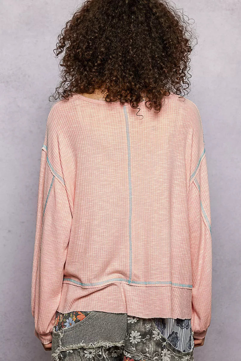 Round Neck Long Sleeve Exposed Seam Top with Chest Pocket