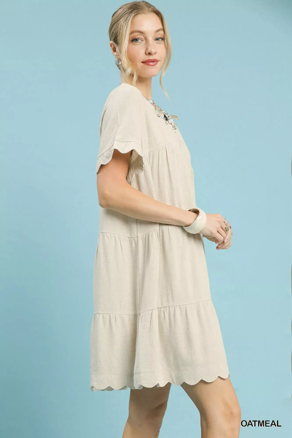 Linen Tiered Babydoll Dress with Ruffle Sleeves