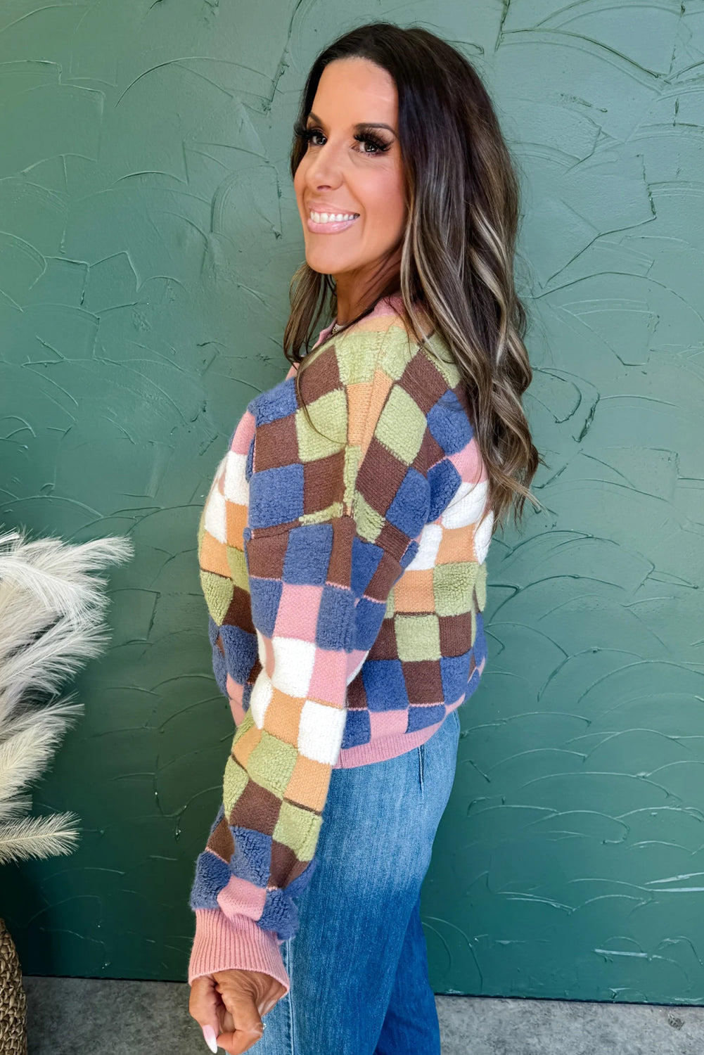 Multicolour Plush Checkered Pattern Button Front Cardigan Sweater