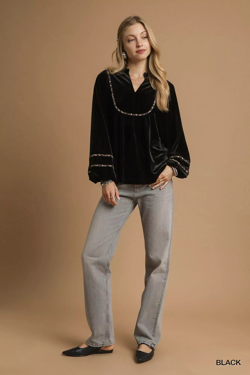 Velvet Long Sleeve Blouse with Contrast Trim
