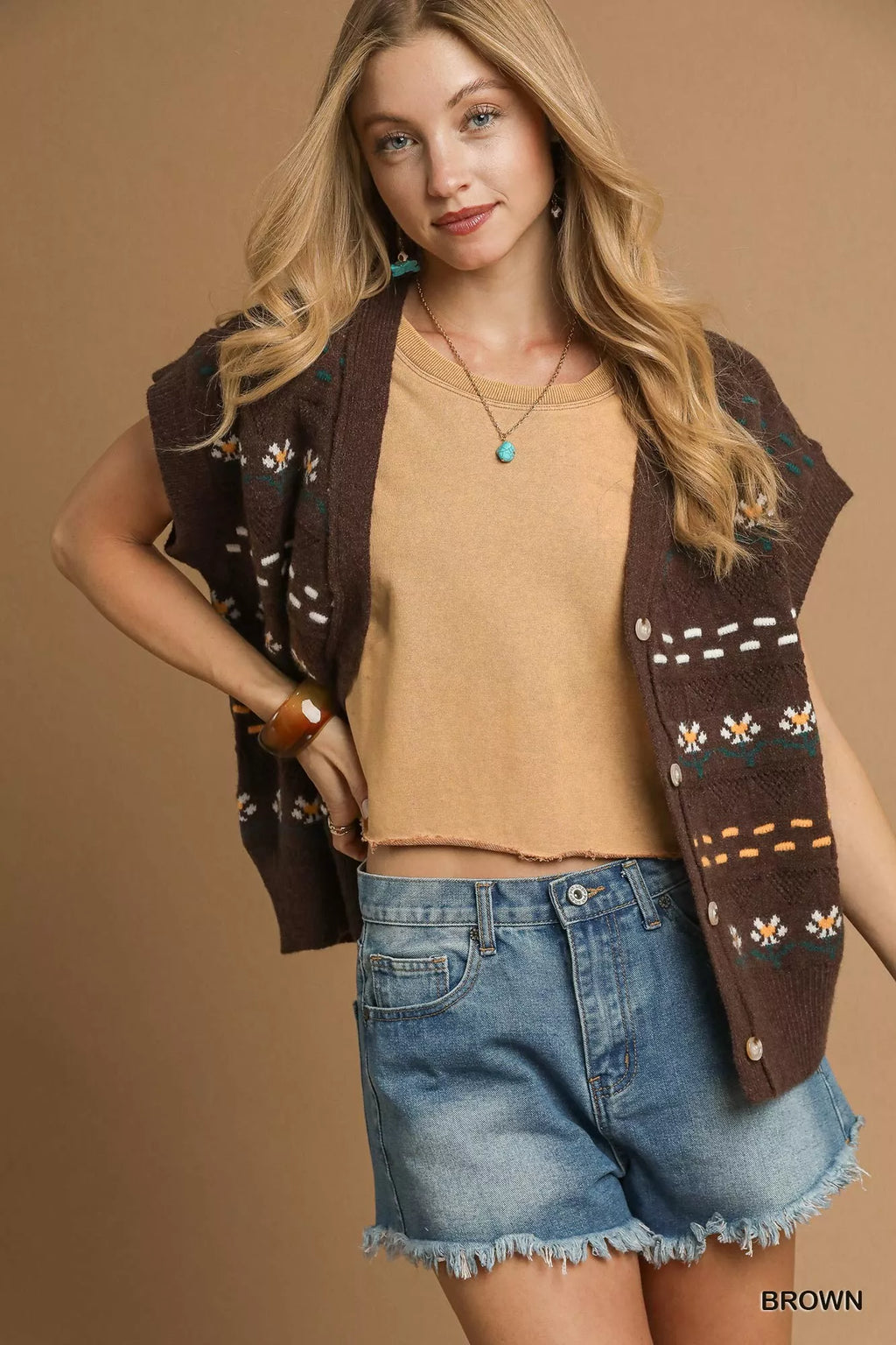 Button-Down Knit Vest with Floral Pattern