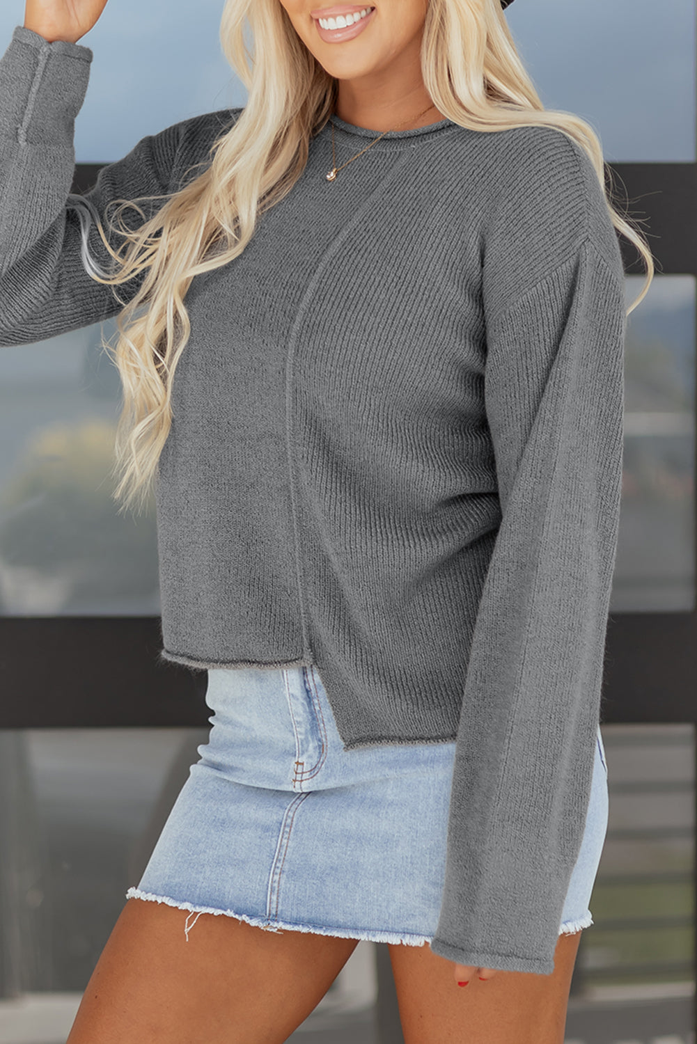 Medium Grey Raw Edge Uneven Hem Patchwork Drop Shoulder Sweater