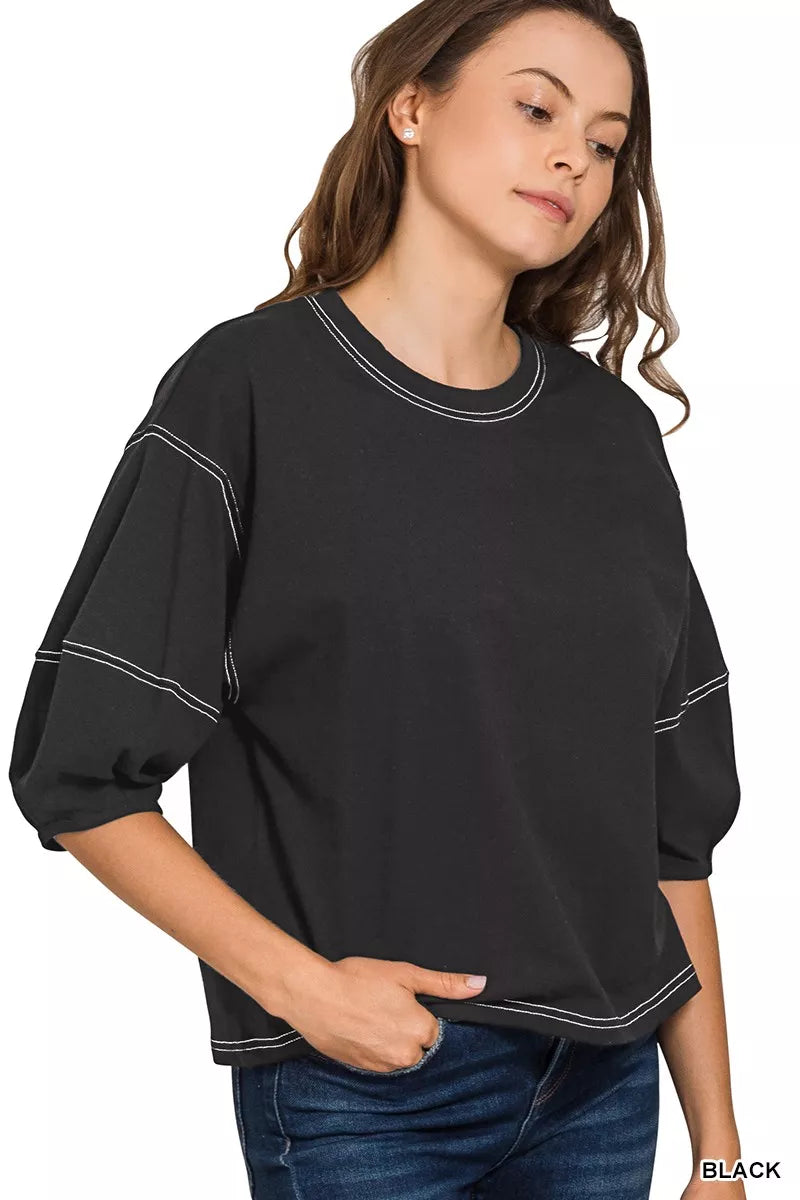 Balloon Sleeve Top with Contrast Stitching