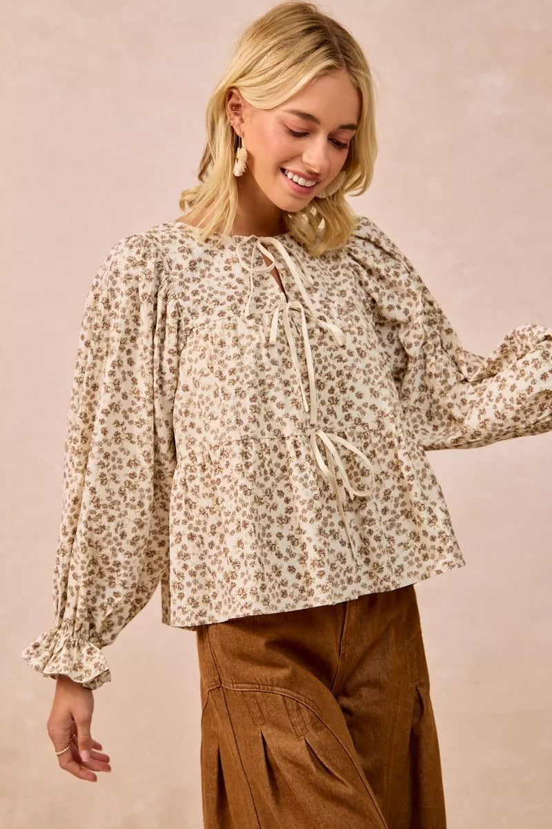 Floral Printed Peplum Blouse with Shirring and Tied