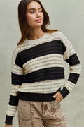 Openwork Round Neck Wide Stripe Textured Sweater