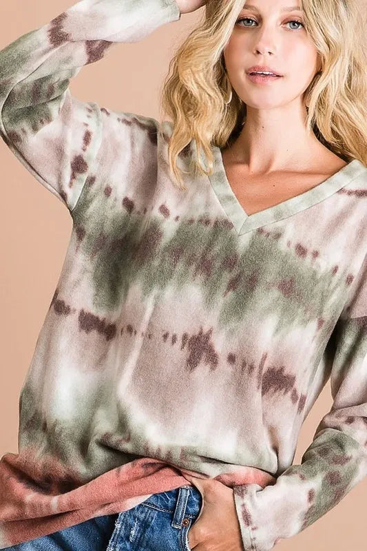 Brushed Tie Dye Looking Print V Neck Top
