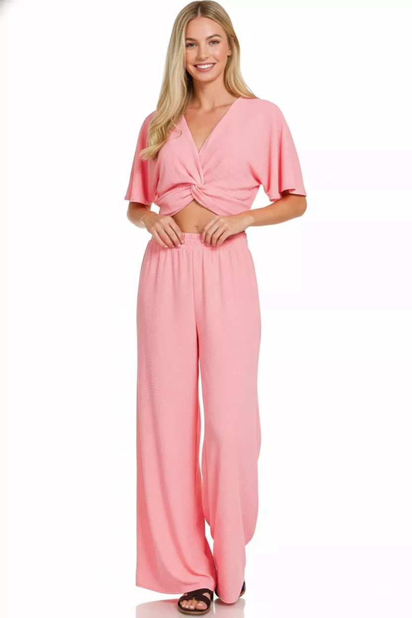 Woven Airflow Twisted Top & Wide Leg Pants Set