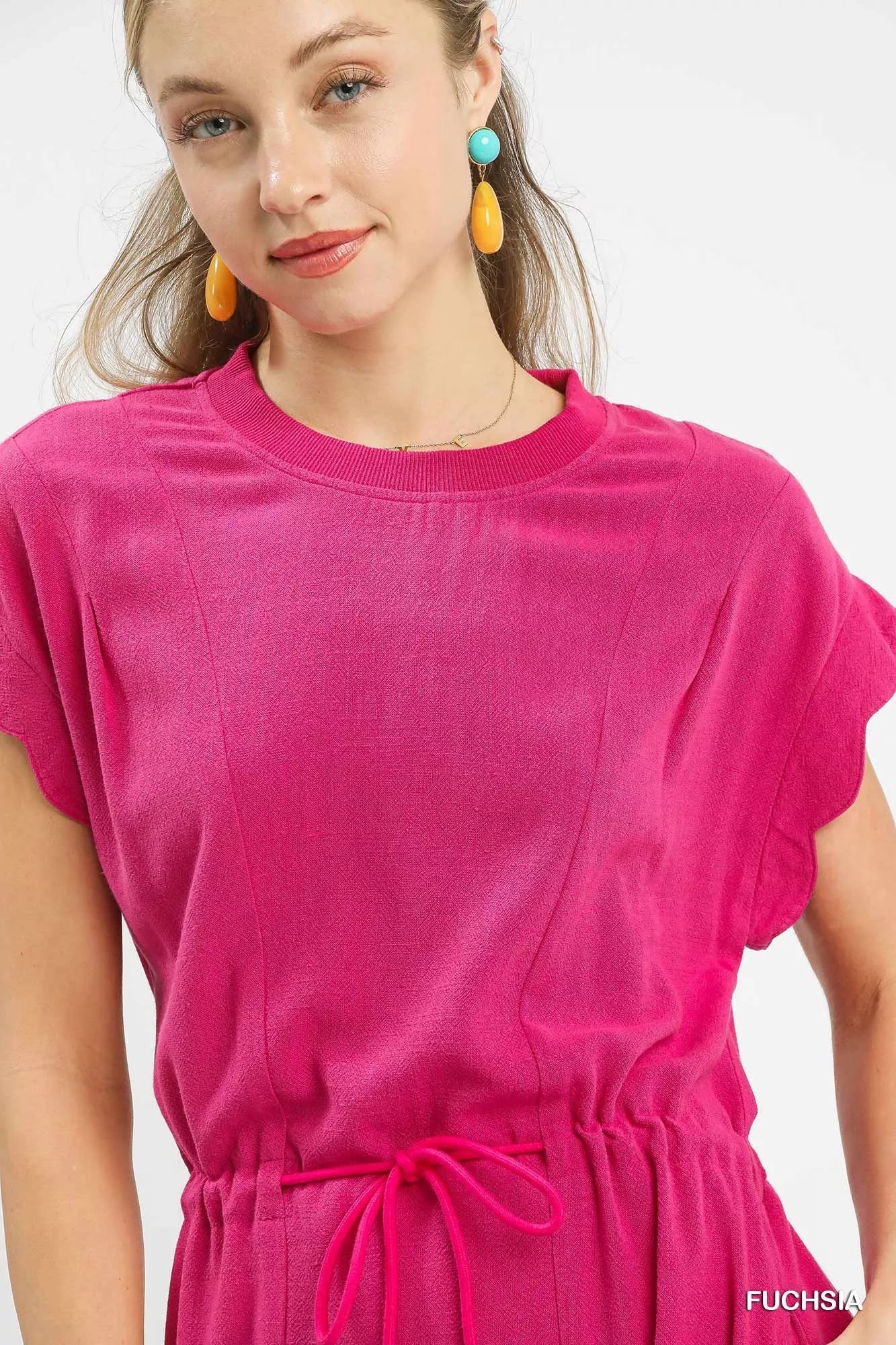 Linen Blend Scallop Hem Mini Dress