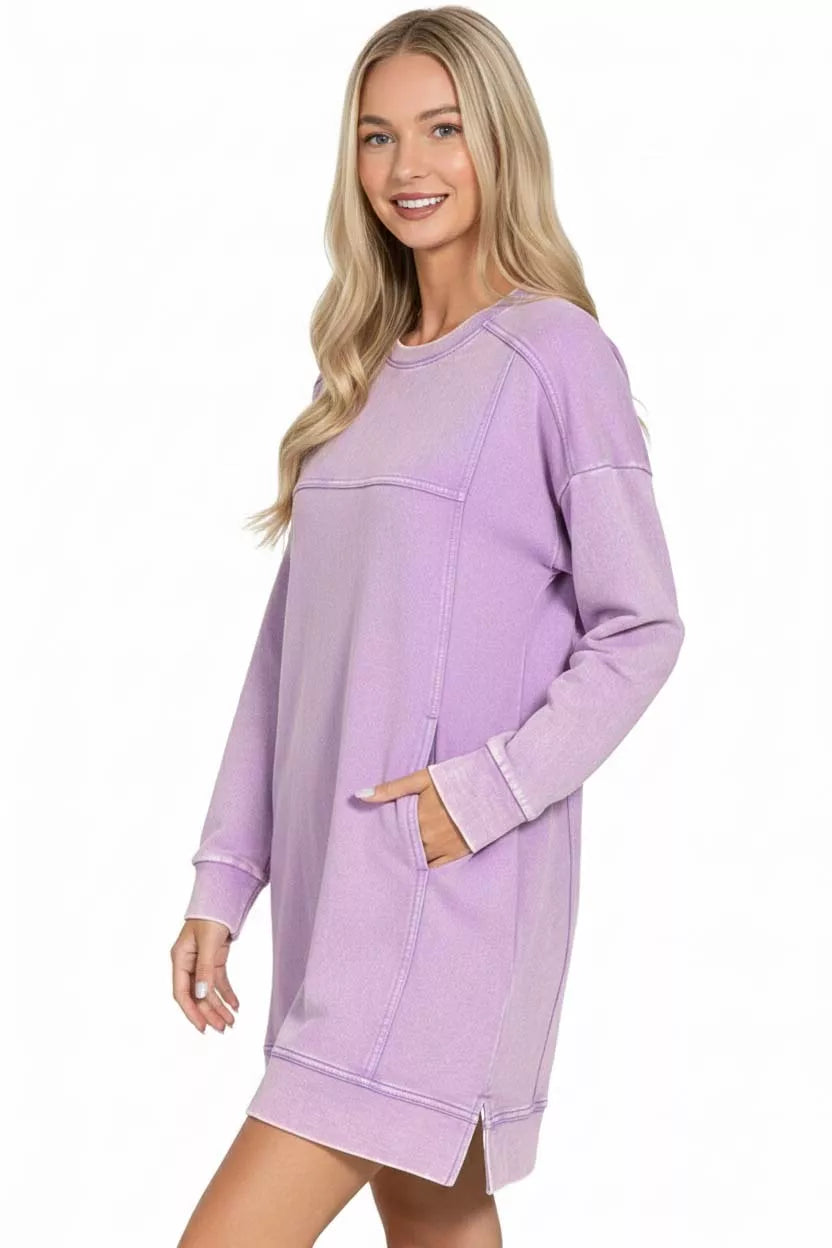 French Terry Acid Washed Dress with Pockets