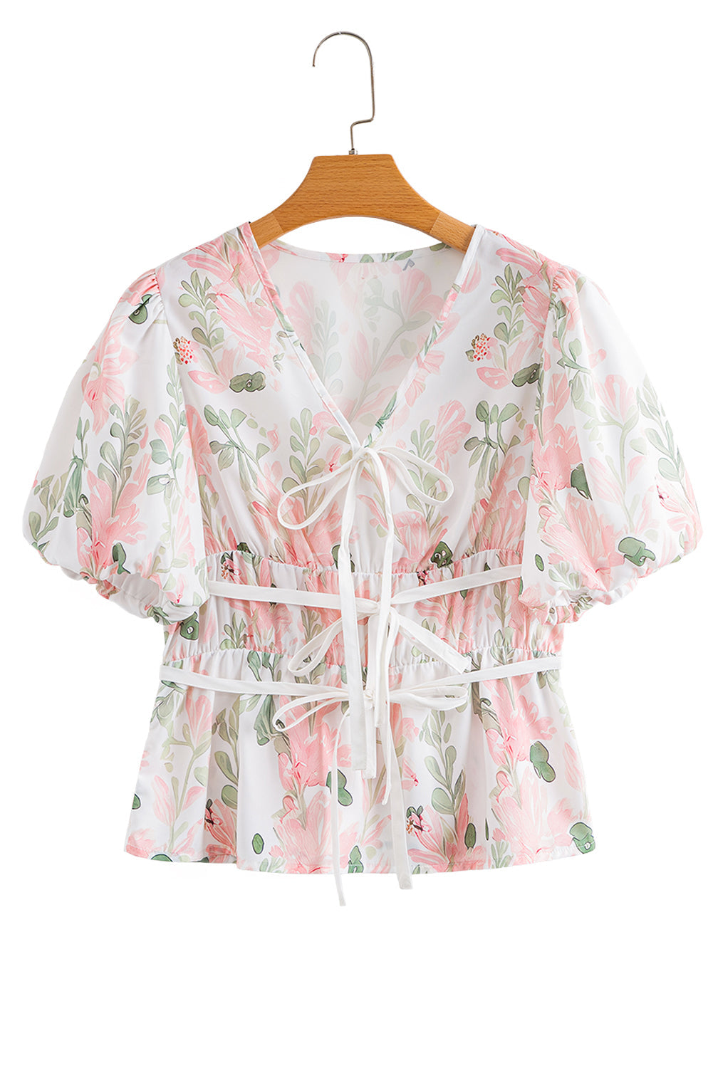Pink Floral Puff Sleeve V Neck Tied Front Peplum Blouse