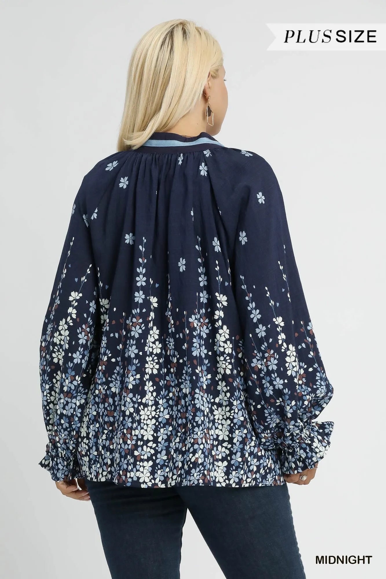 Full Size Floral Vine Print Blouse with Balloon Sleeves Plus Size