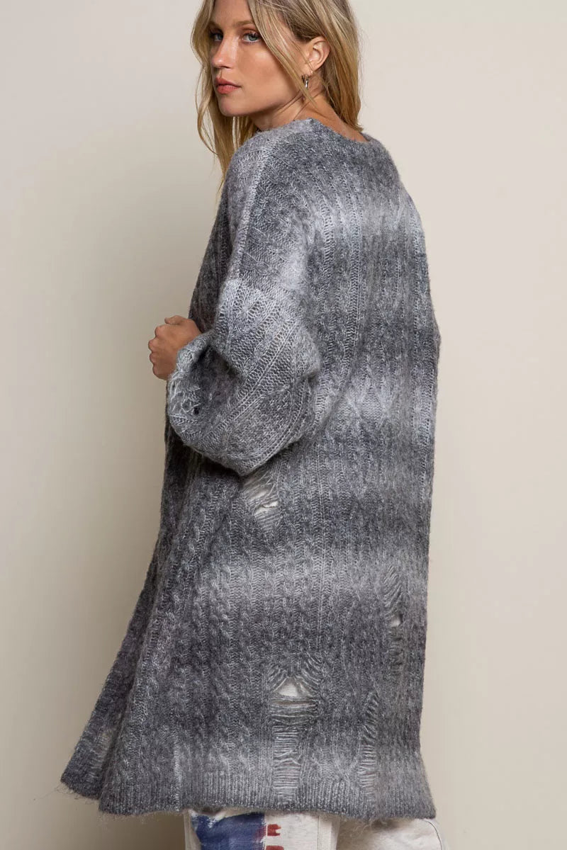 Distressed Cable-Knit Ombre Dying Cardigan