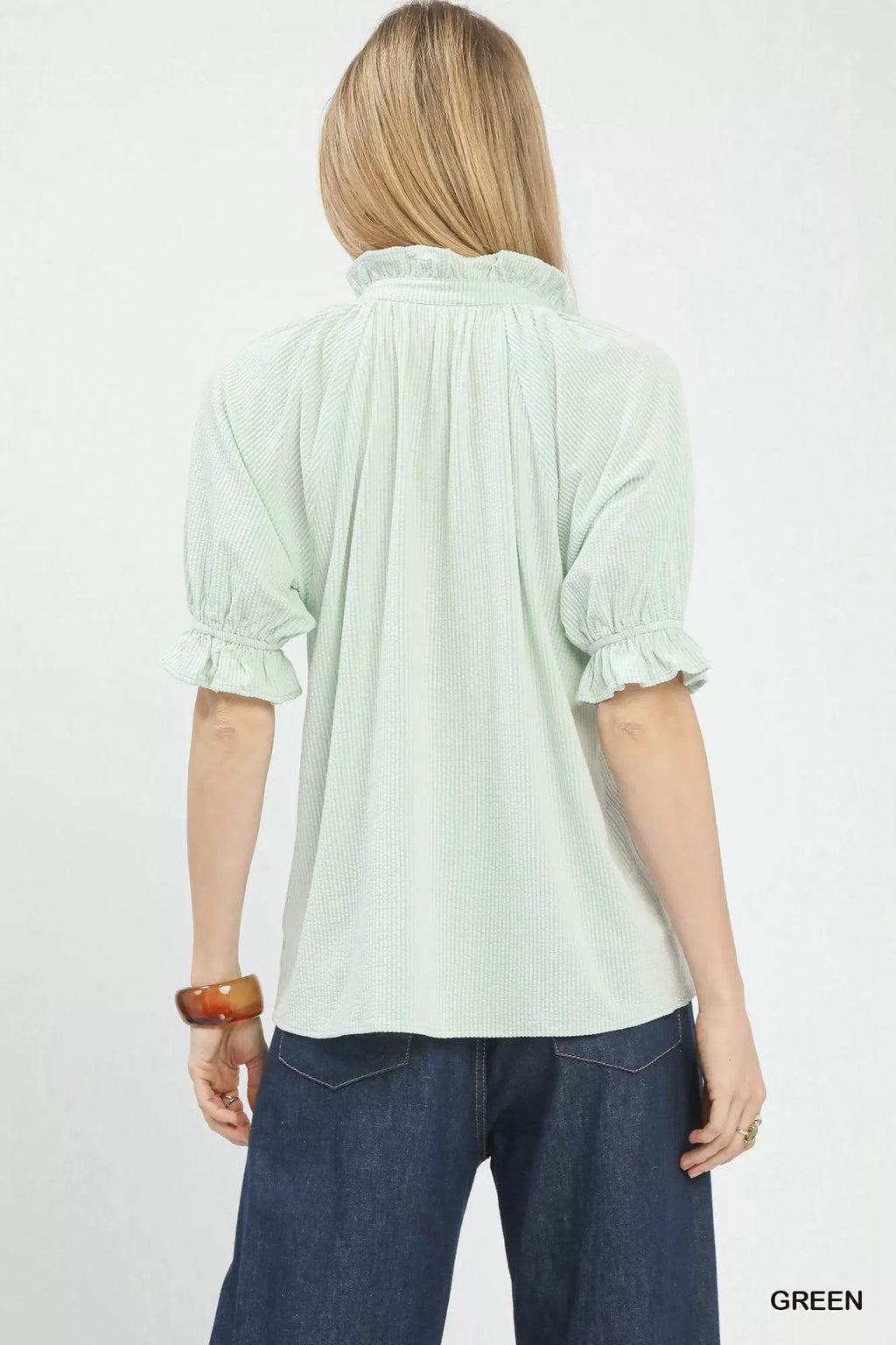 Textured Ruffle Sleeve V-Neck Top