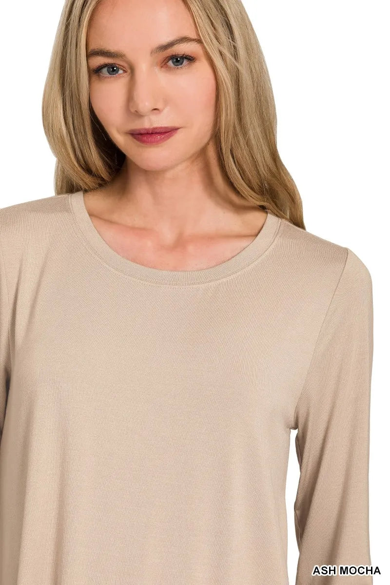 Flowy Round Hem Rayon Long Sleeve Top
