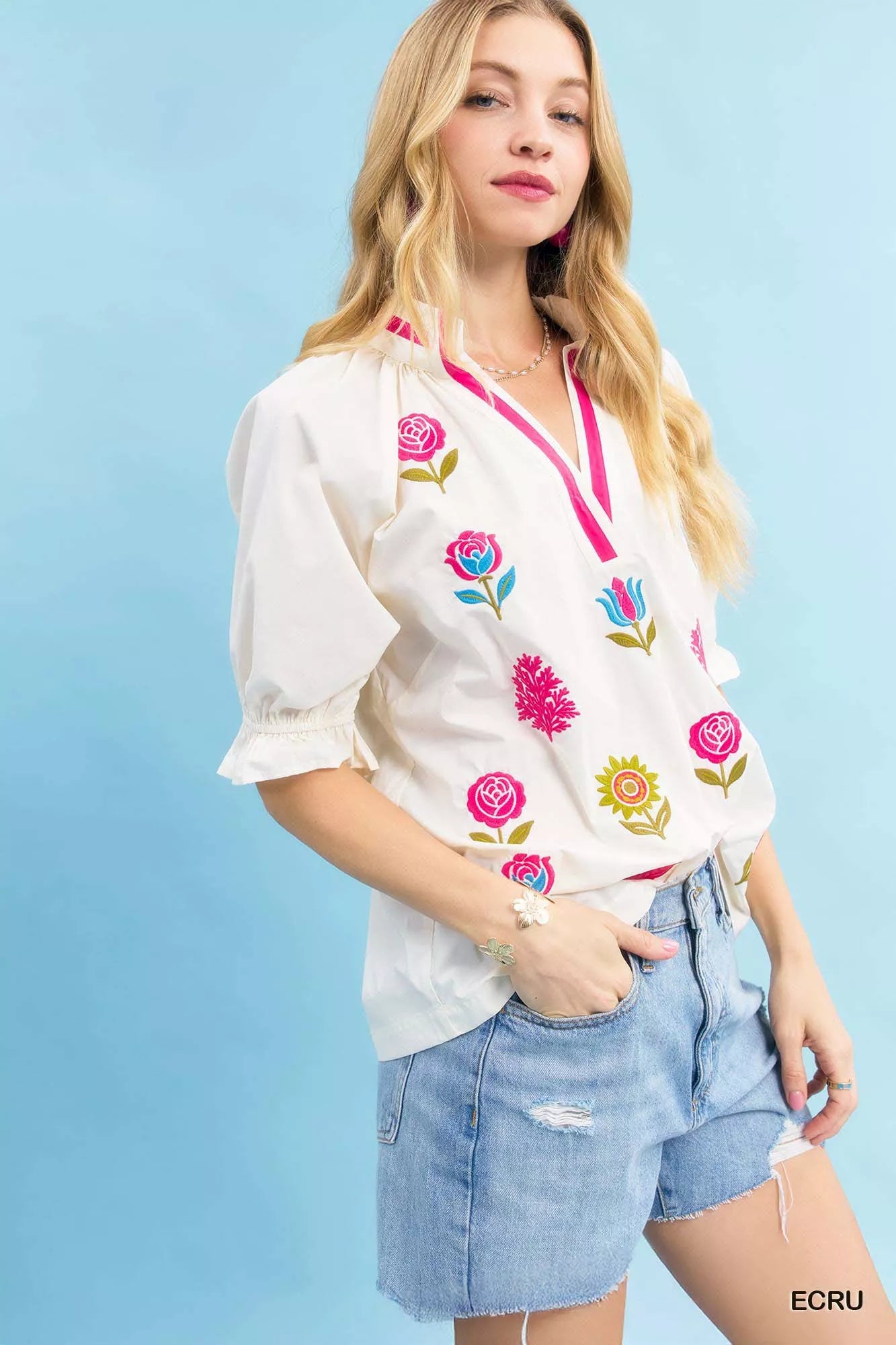 Embroidered Floral Top with Contrast Trim