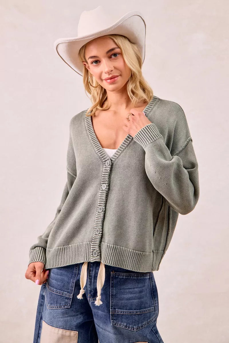 Washed Sweater V Neck Cardigan