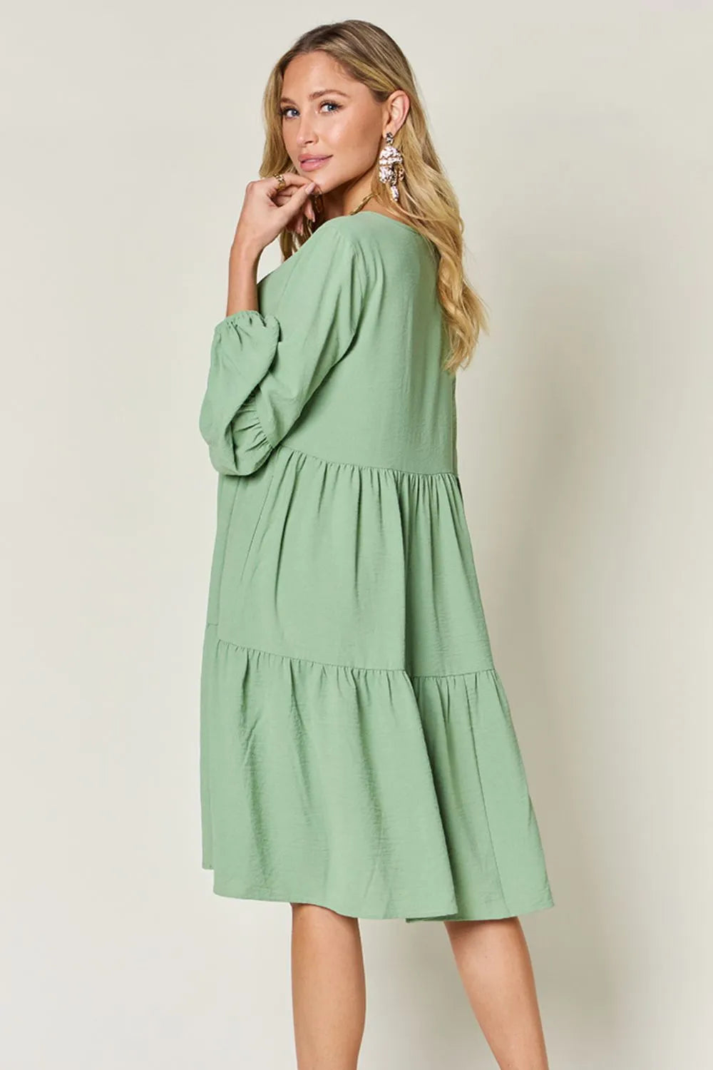 Full Size V-Neck Balloon Sleeve Tiered Dress with Pockets