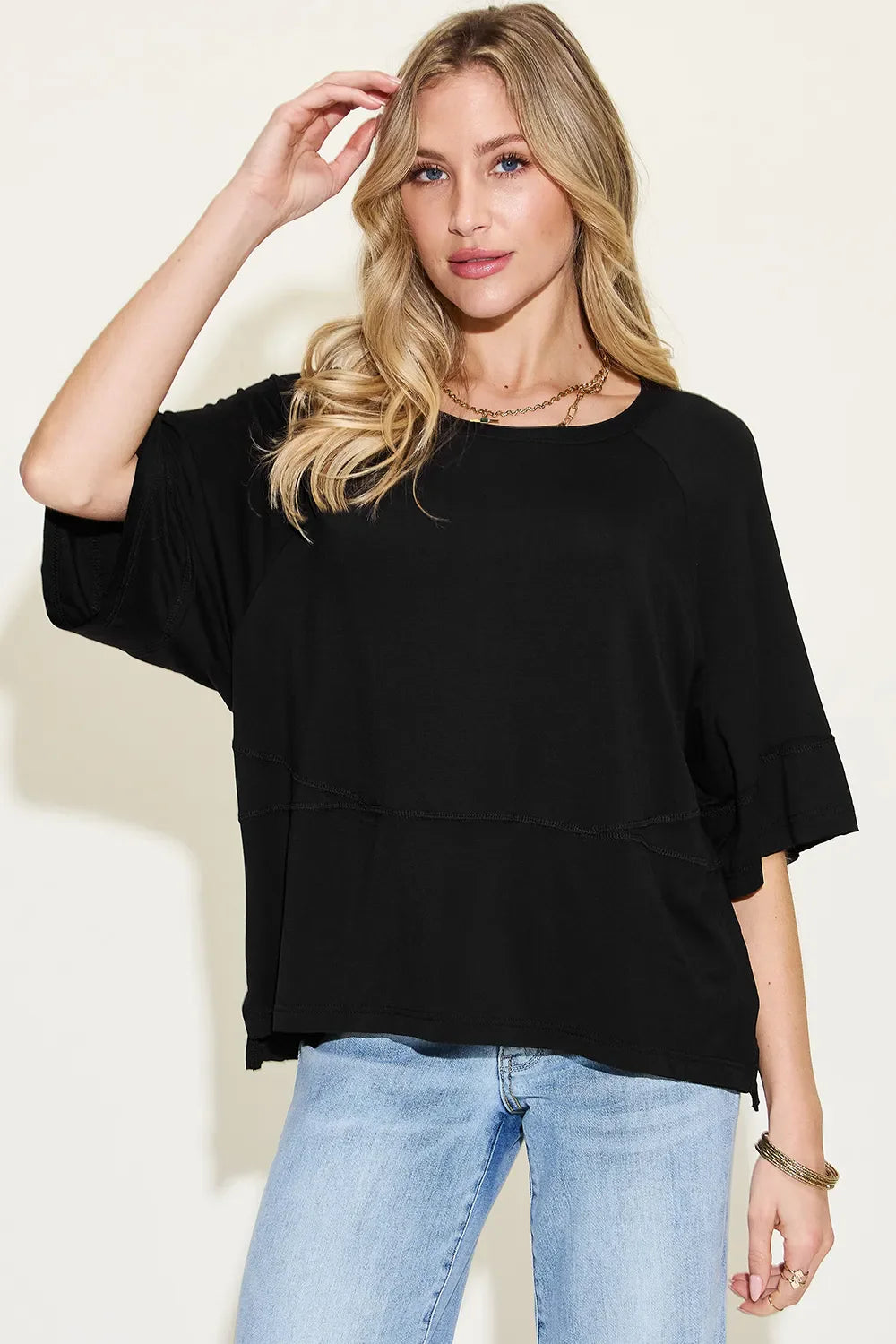 Full Size Bamboo Round Neck Exposed Seam T-Shirt Plus Size