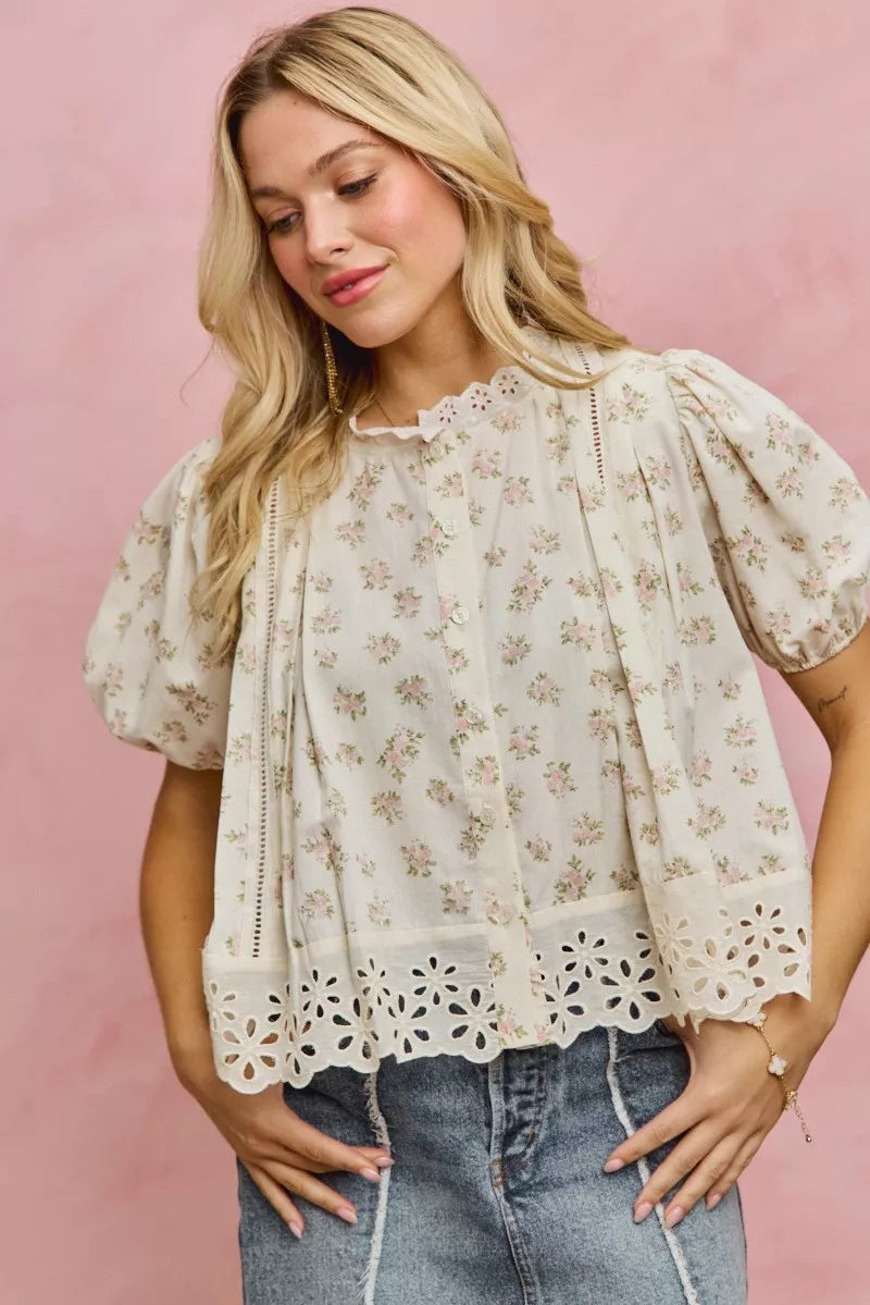 Floral Print Lace Trim Short Sleeves Blouse