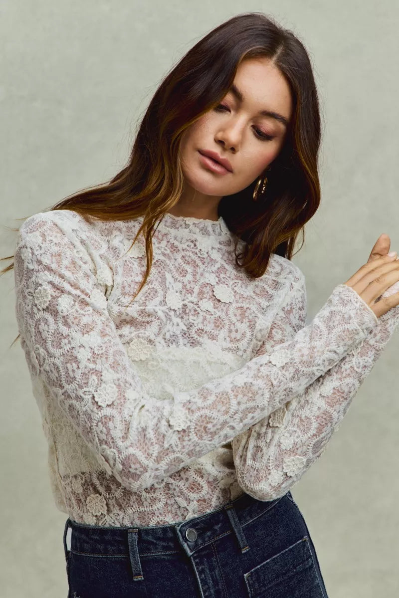 Lace Long Sleeve 3d Effect Floral Layering Top