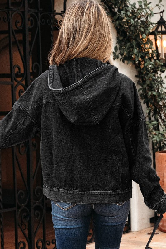 Denim Chest Pocket Drop Shoulder Hooded Jacket See size chart under “more details”