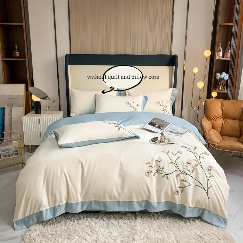 DecorBites™ Elegant Embroidery Duvet Cover Set, Blue Pink, 3 Pieces