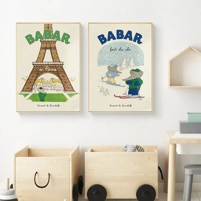 DecorBites™ Elephant Family Cartoon Poster for Kids Room