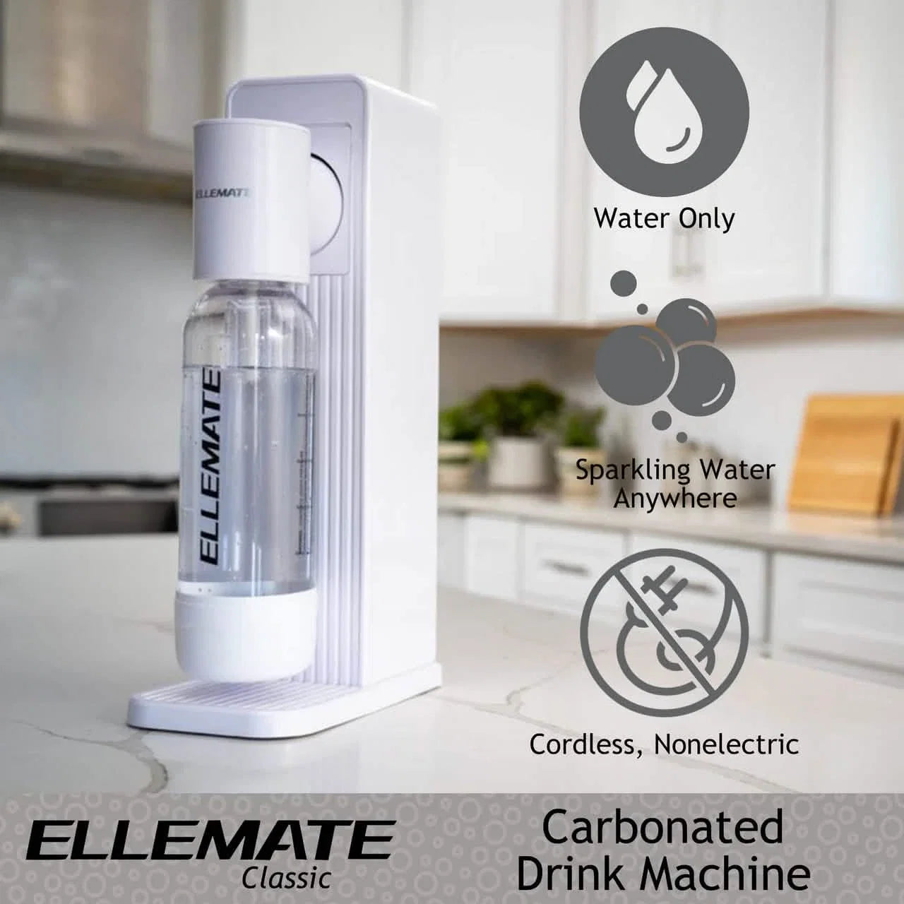 Ellemate Classic Carbonated Drink Maker, Seltzer Water with One-Push Fizz Technology, Cordless Carbonation for Bubbly Water