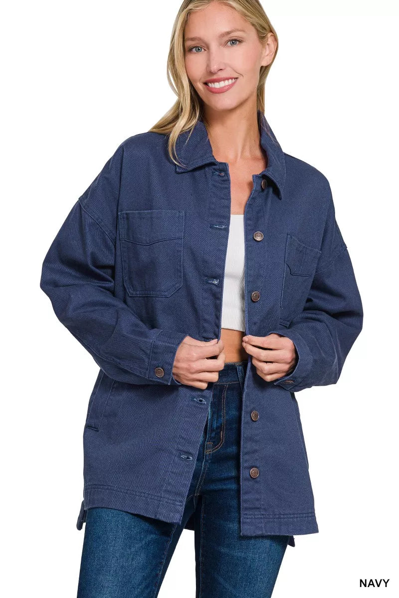 Oversized Collared Neck Button Front Shackets