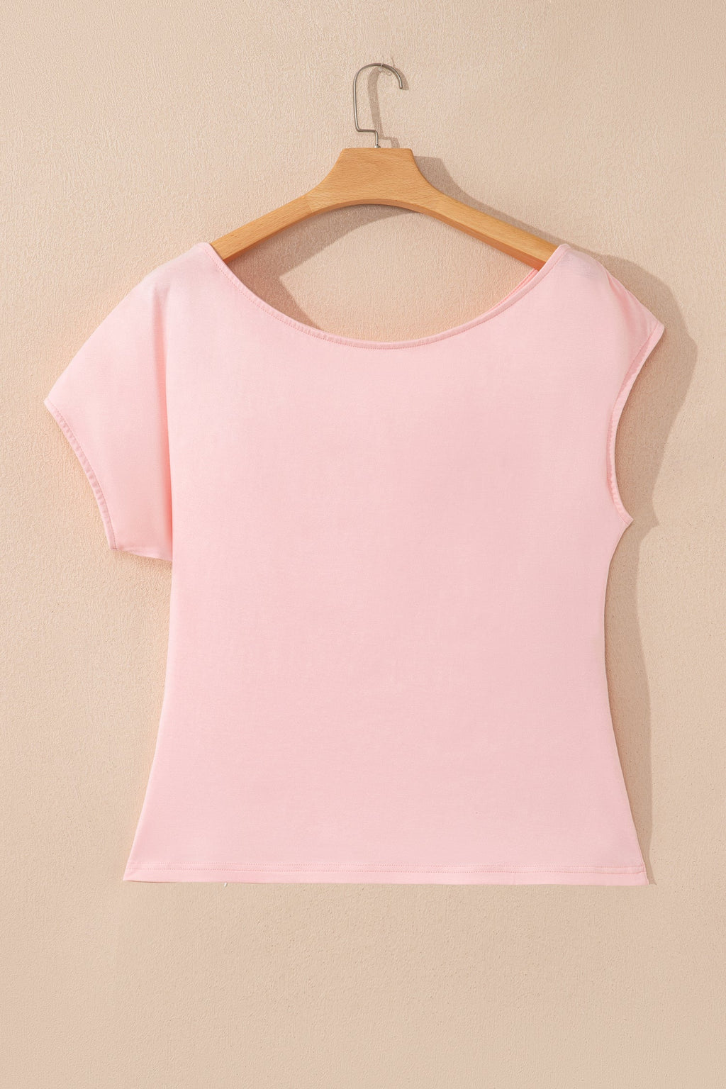 Gossamer Pink Plus Size Solid Color Asymmetric Neck Short Sleeve Blouse