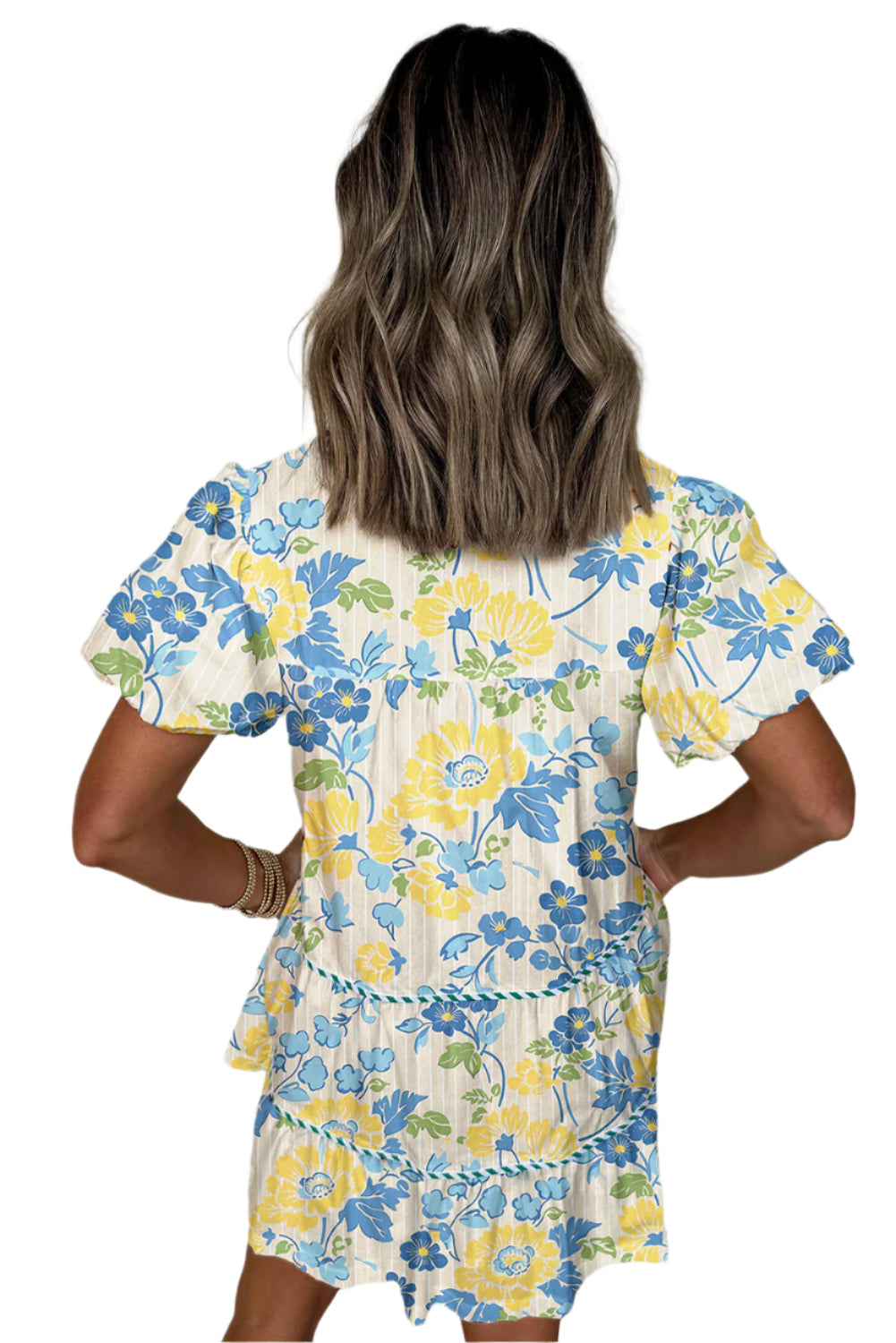 Blue Floral Striped Trim Puff Short Sleeve Dress