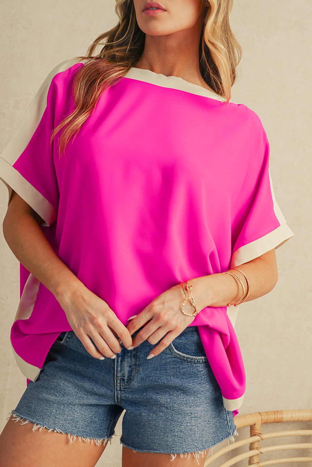 Rose Color Block Boat Neck Tunic Blouse