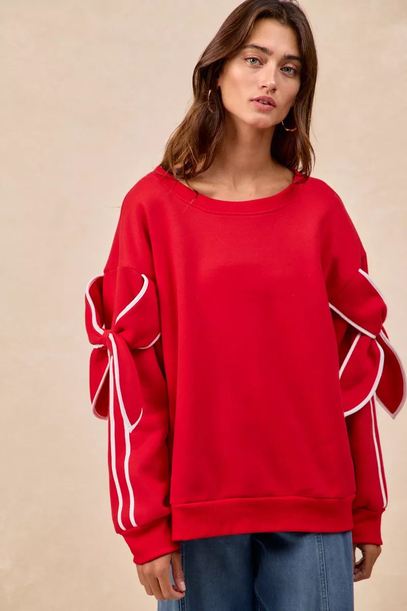 Bow Detail Sleeves Fleece Sweatshirt