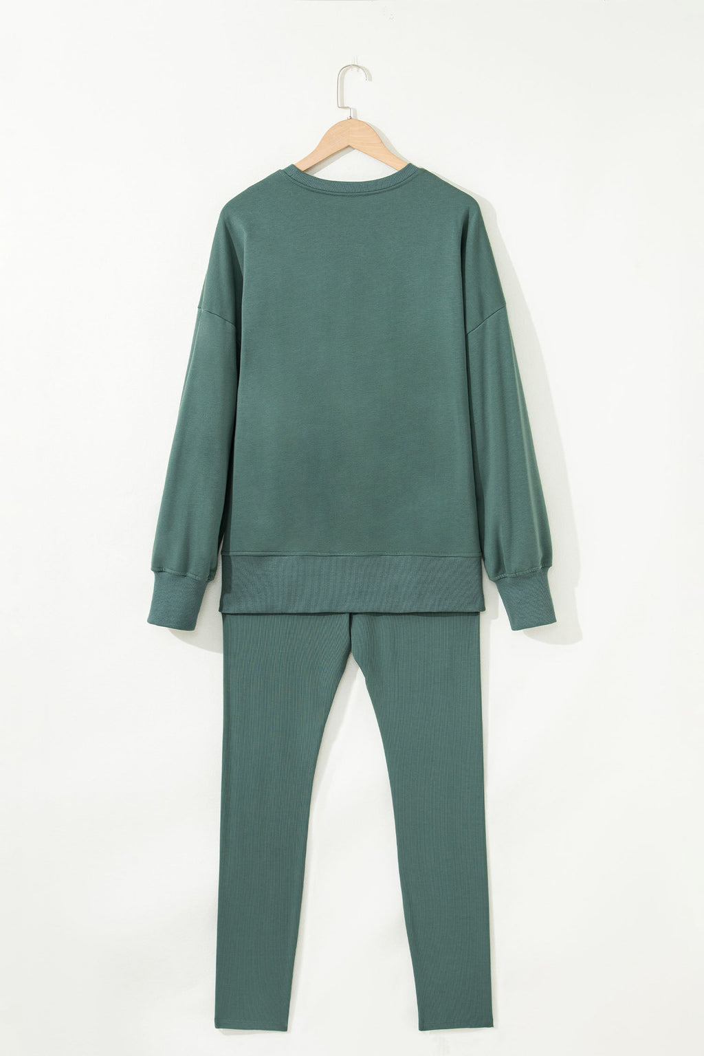 Green Bay Solid Color Oversize Slit Sweatshirt Ribbed Leggings 2pcs Set
