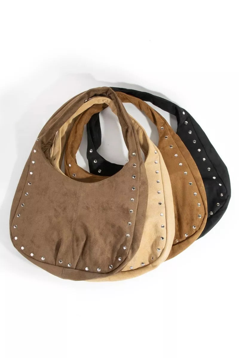 Faux Suede Studded Trim Hobo Bag