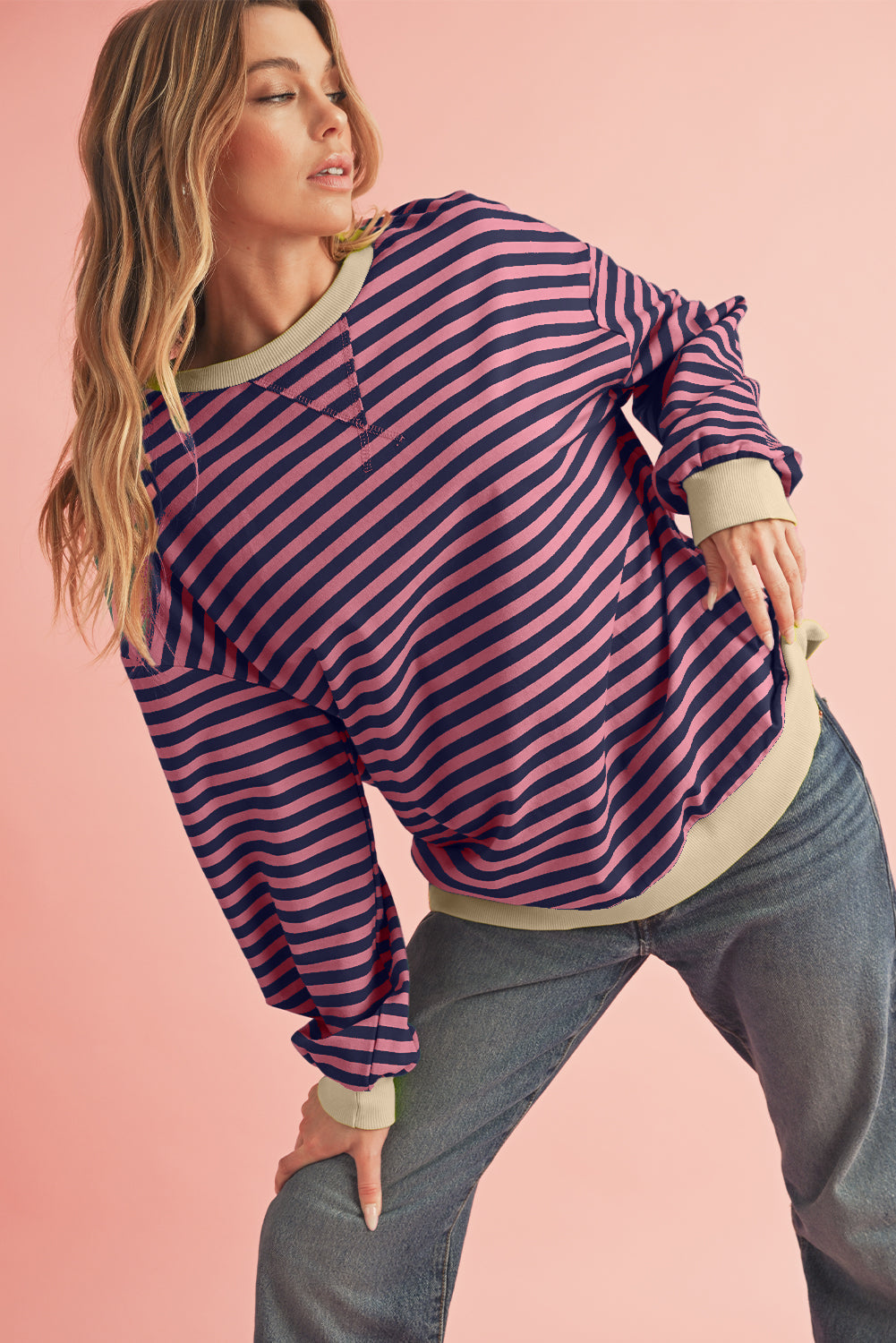 Black Stripe Contrast Edge Cross Seam Oversized Sweatshirt
