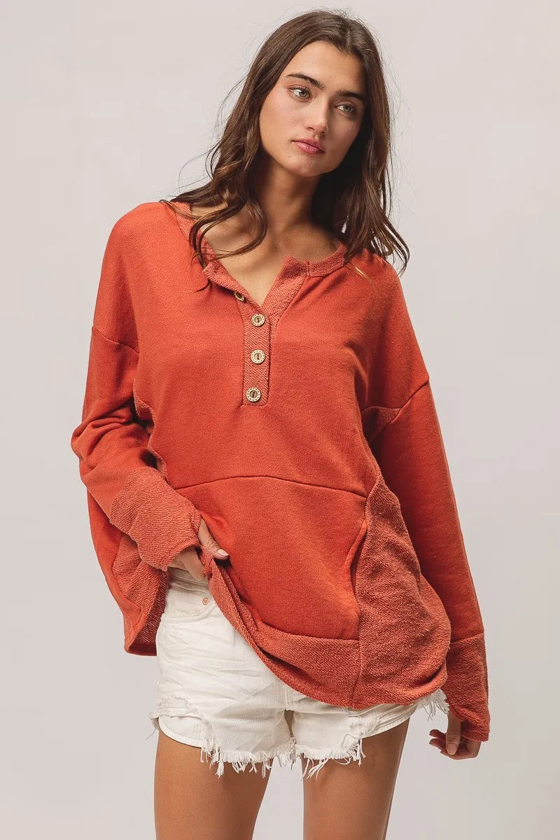 French Terry Knit Side Block Buttoned Henley Top