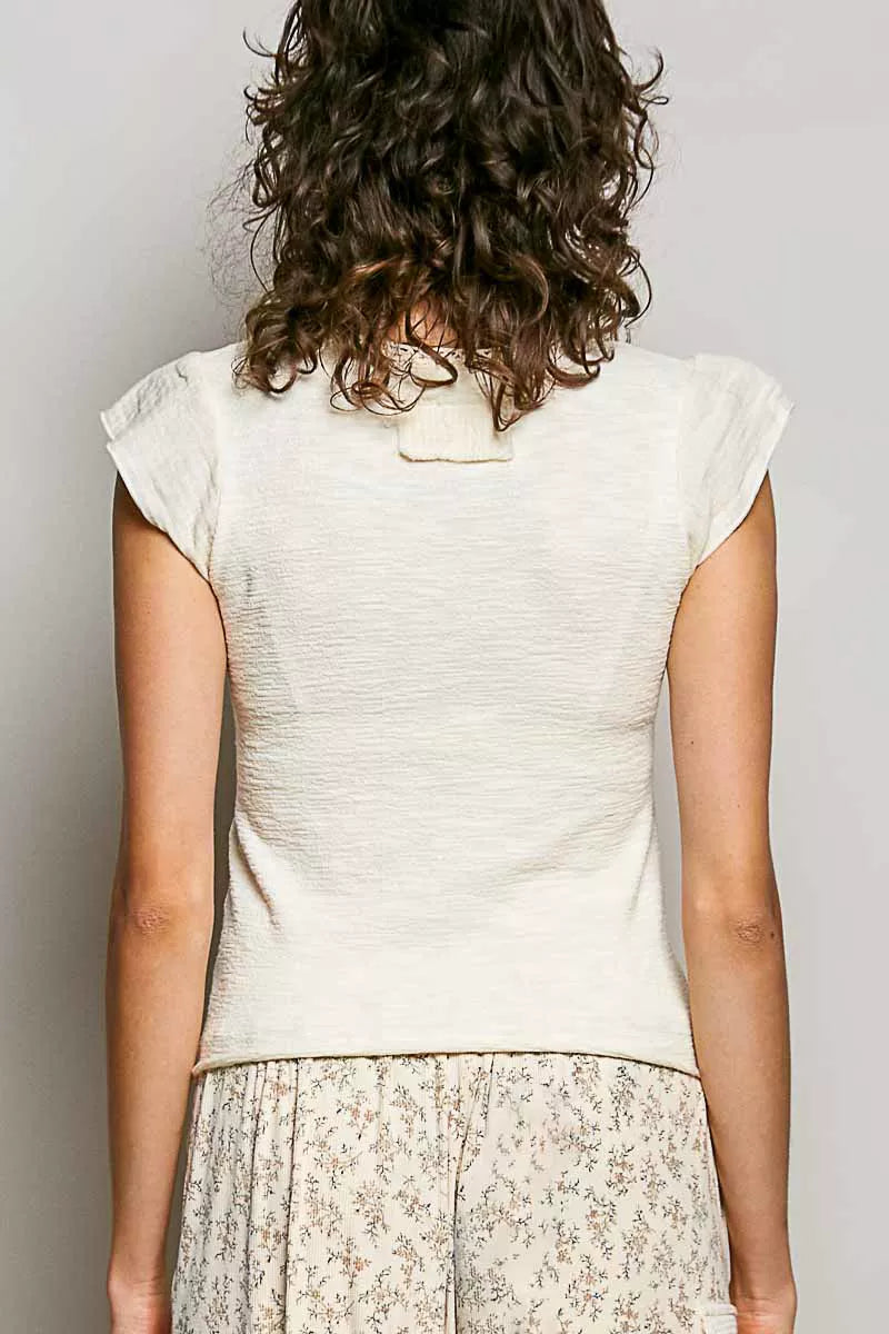 V-Neck Lightweight Textured Short Sleeve Knit Top with Lace Trim