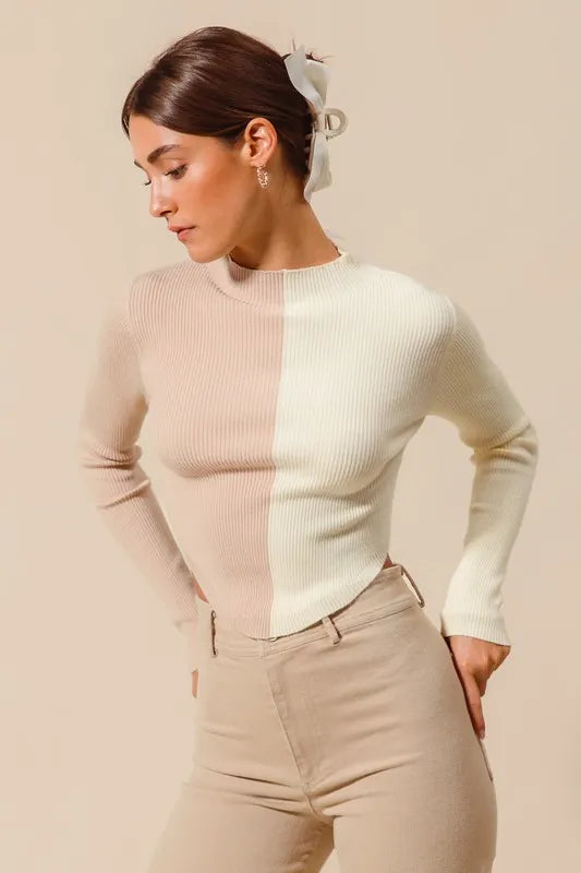 Color Block Fitted Crop Sweater Top