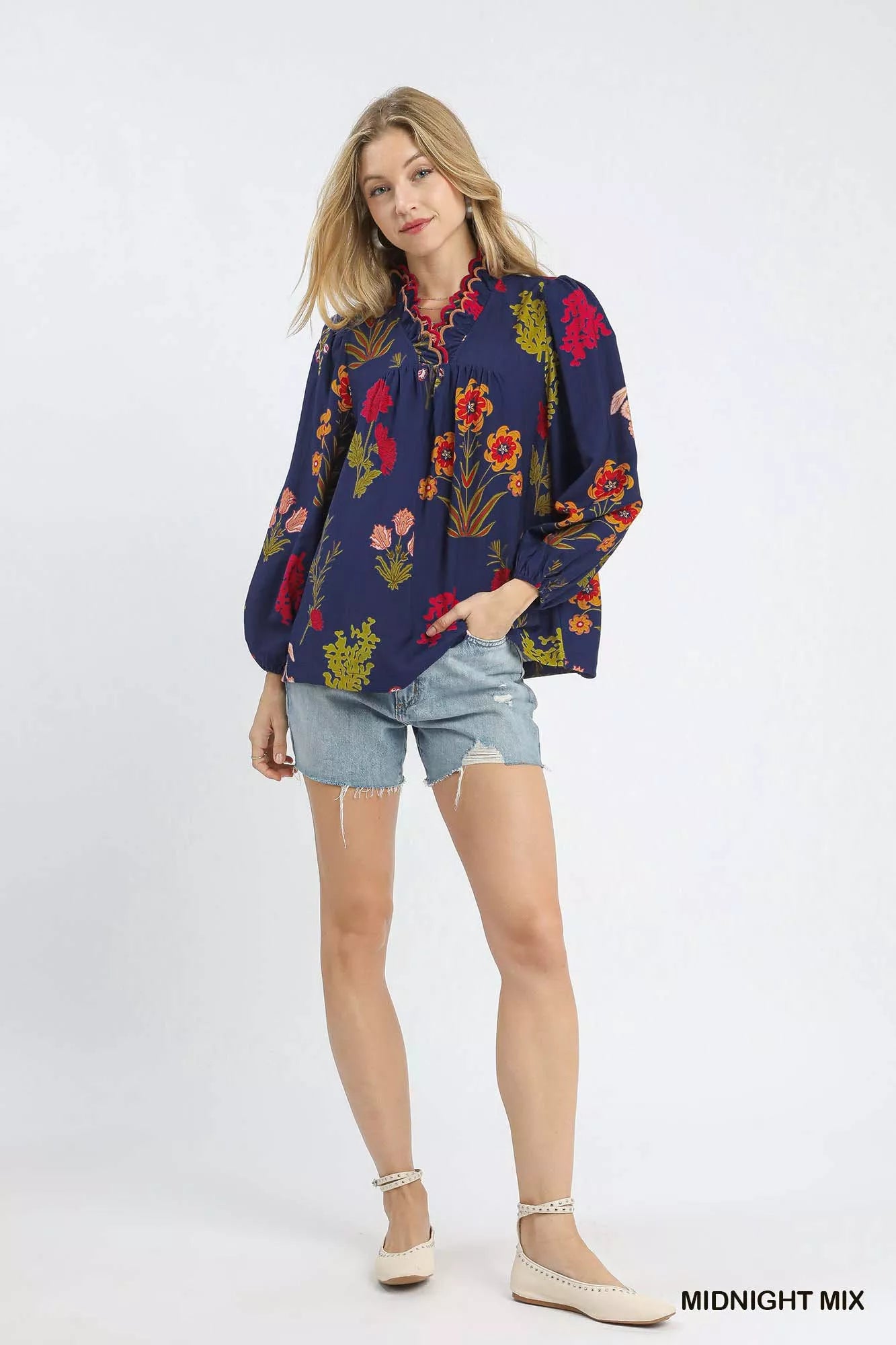 Flower Print Blouse with Scalloped Neckline