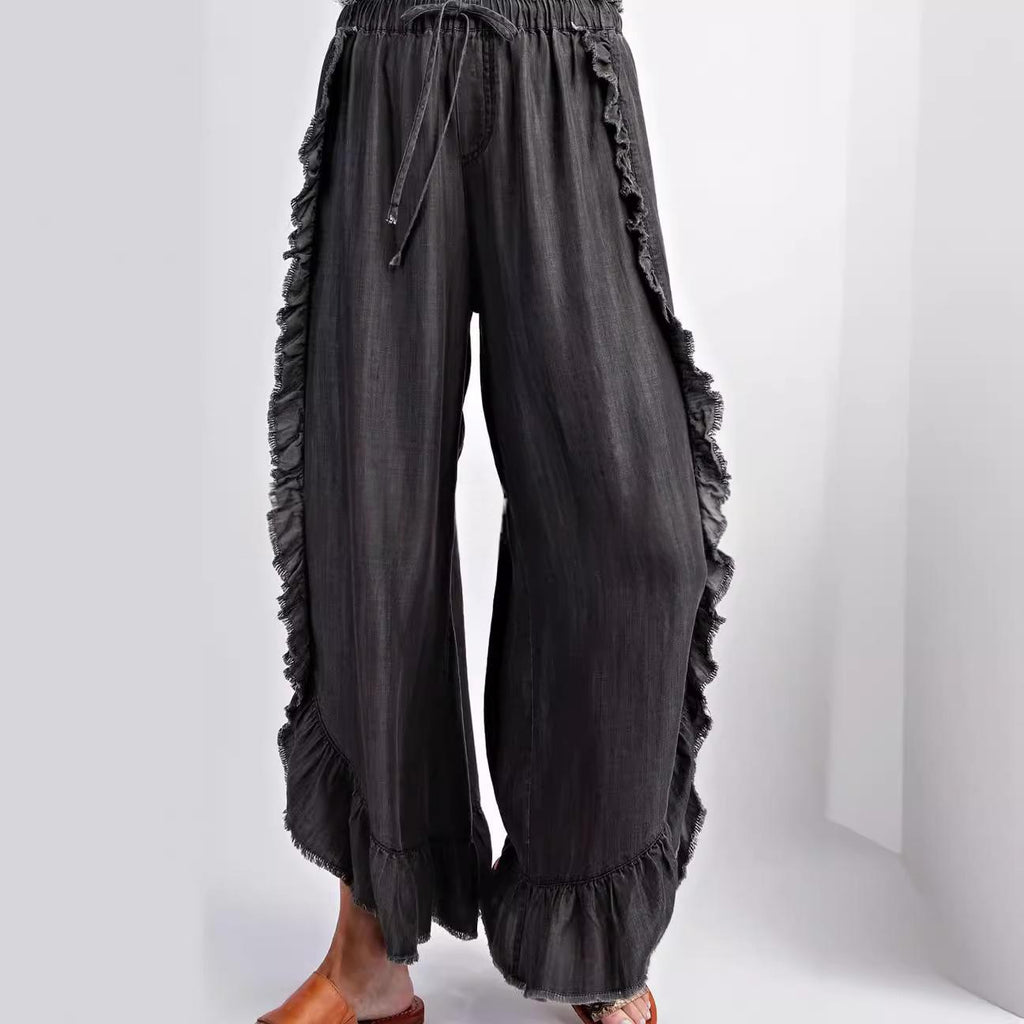 Women's Washed Denim Wide-Leg Flared Pants with Ruffle Hem