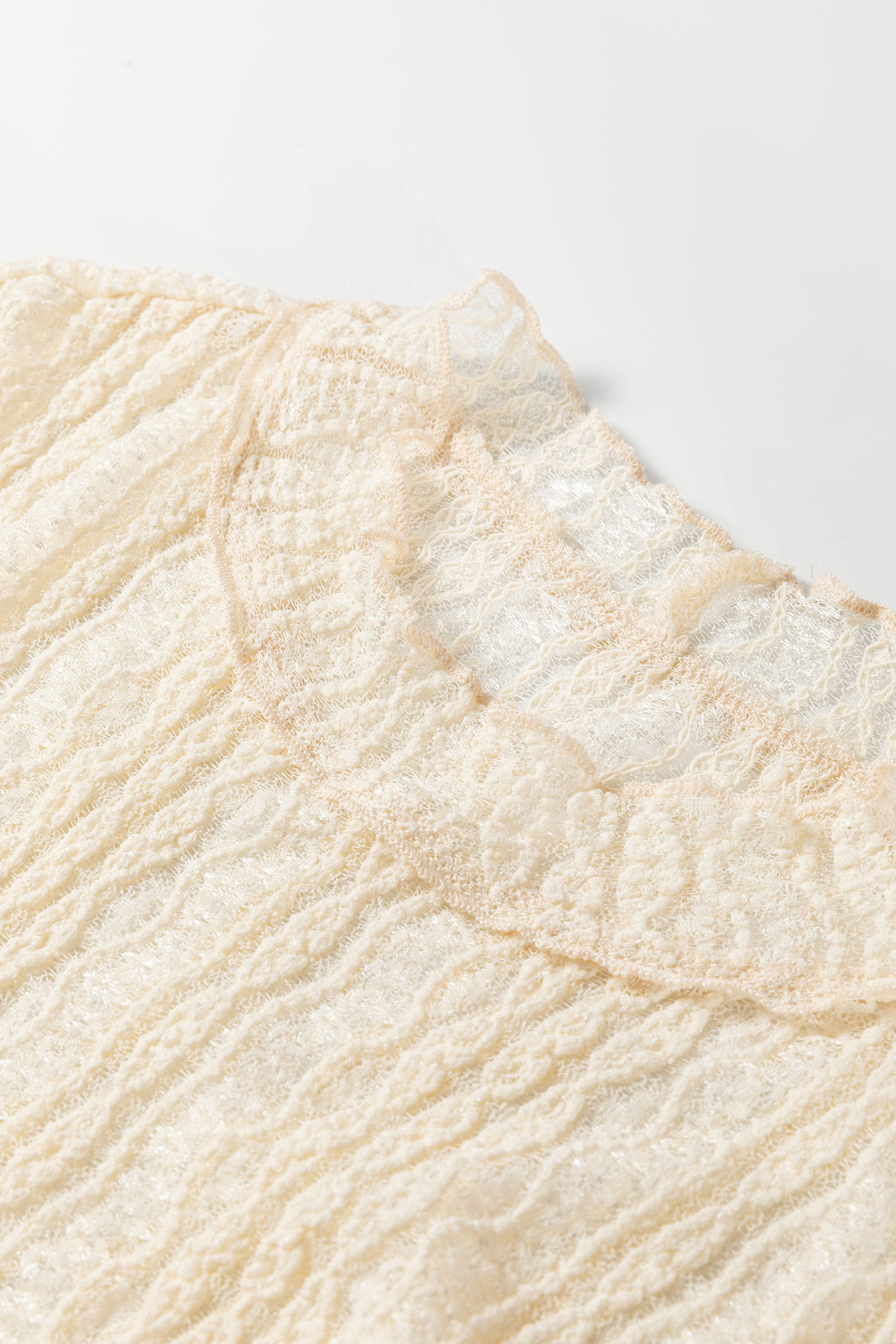 Apricot Flounced Long Sleeve Mock Neck Sheer Lace Top
