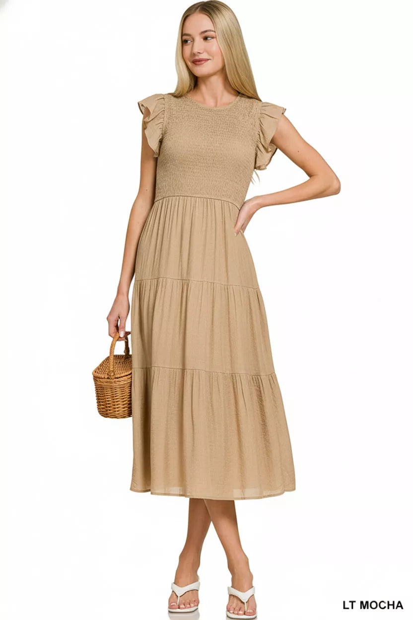 Woven Smocked Ruffle Sleeve Midi Dress