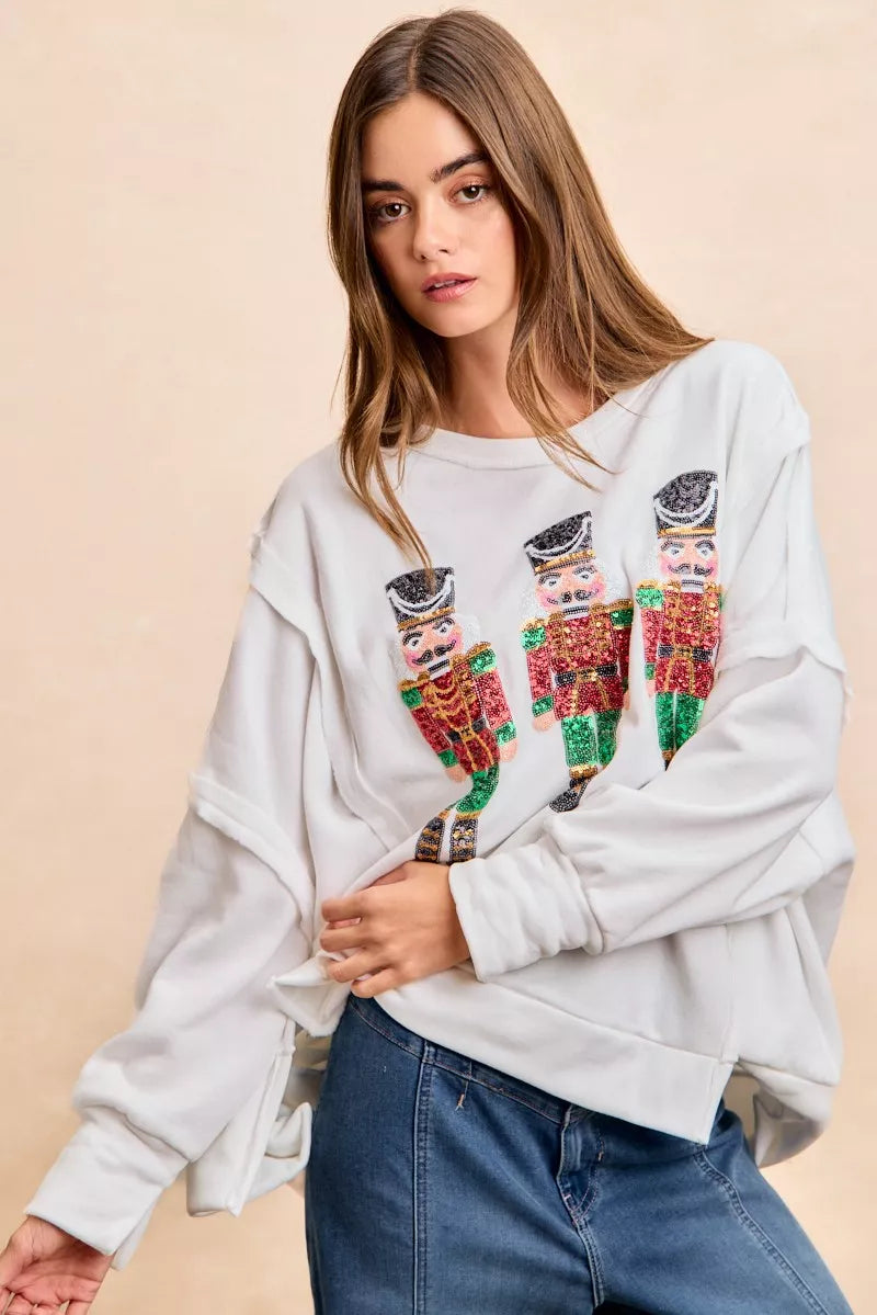 Christmas Sequin Nutcrackers Embroidery Sweatshirt