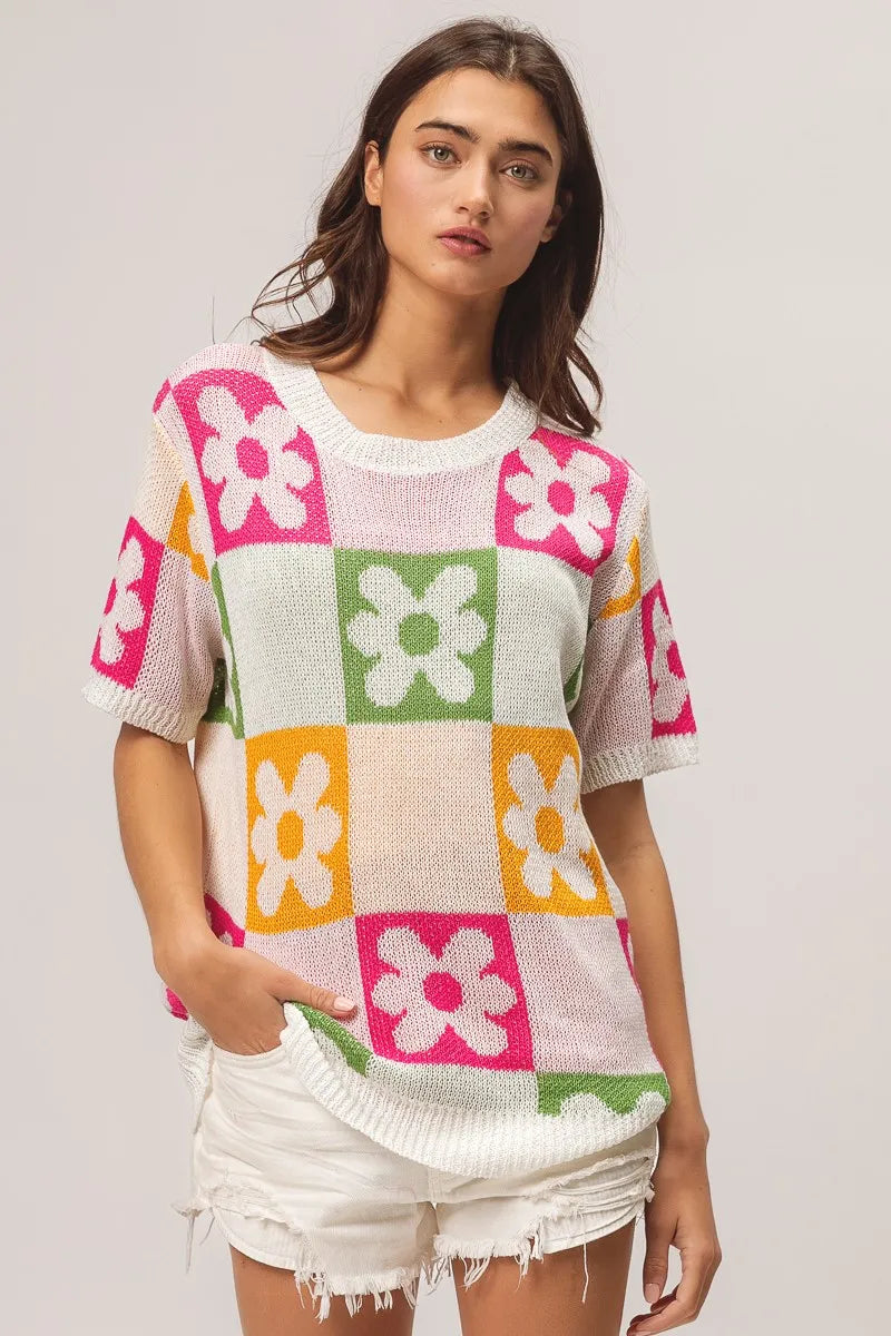 Flower Checker Pattern Lightweight Sweater Top