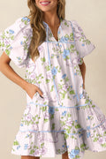 Pink Floral Striped Print Contrast Trim Tie Split Neck Mini Dress