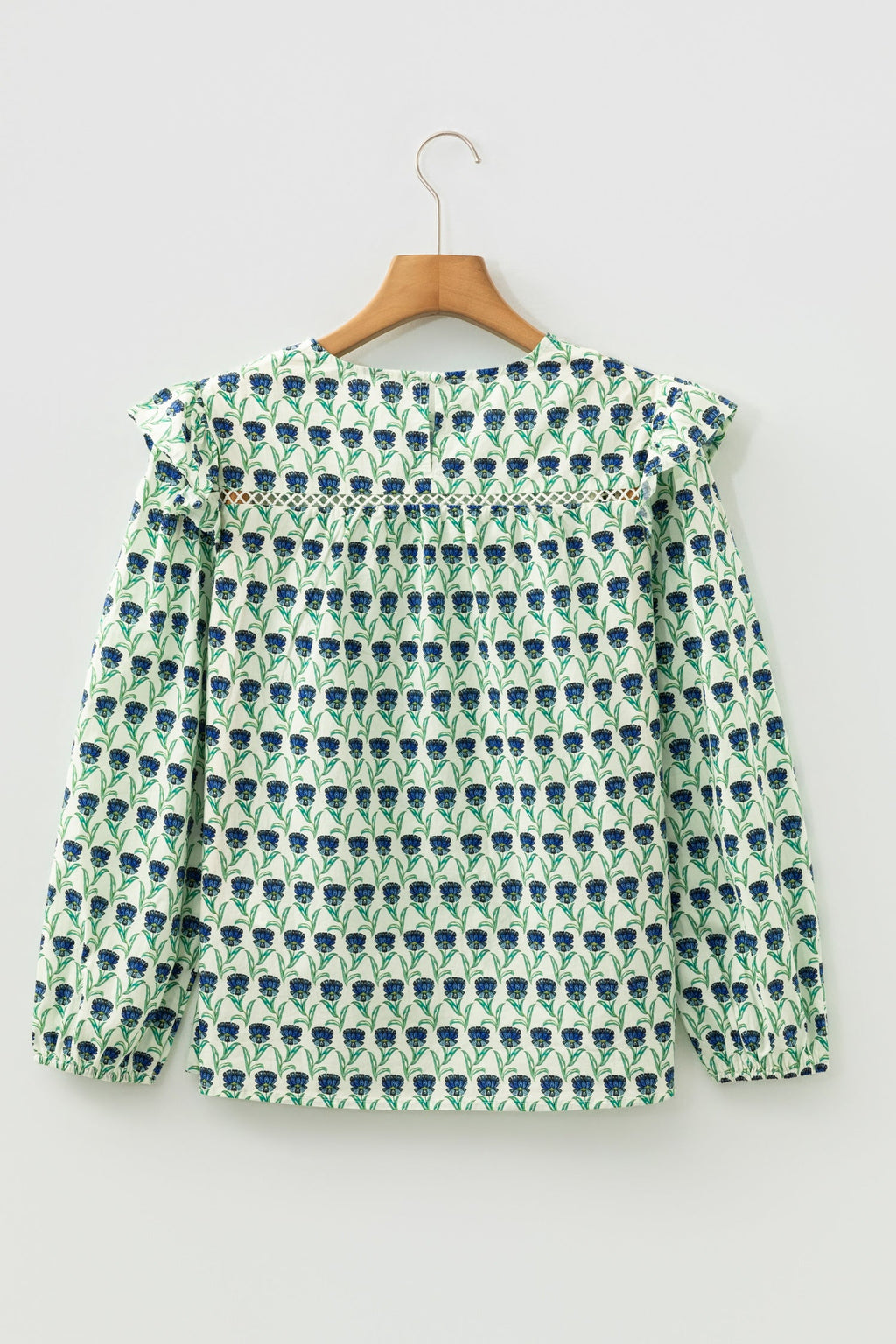 Green Floral Print Lace Detail Ruffle Trim Long Sleeve Blouse
