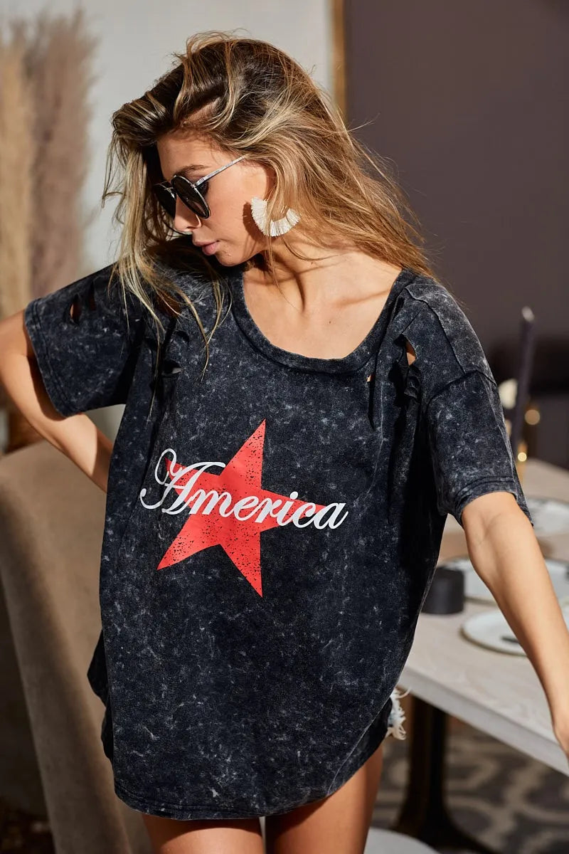 Laser Cut Mineral Washed Jersey Top with America