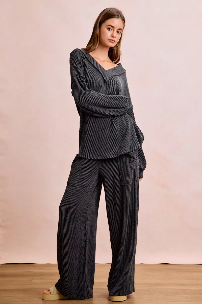 Two Tone Cord Rib Contrast Stitching V-Neck Top and Pants Set